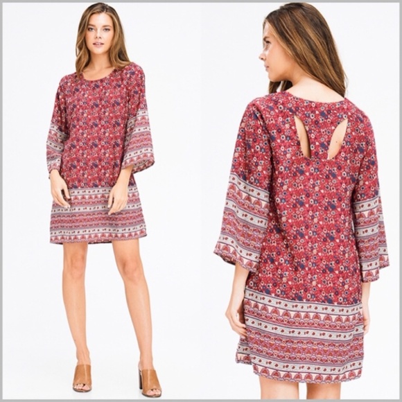 Burgundy Floral Ethnic Print Boho Mini Dress - Picture 2 of 5